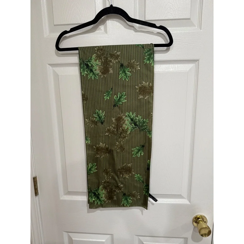 Jones New York Silk Scarf Olive Green Pinstripe Oak Leaf Print Rectangular Wrap